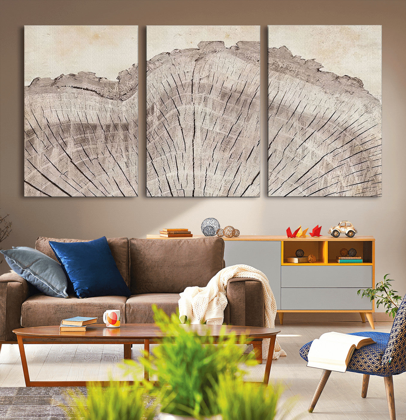 MGV-CV-60X30-3P - Tree Ring Wall Art Triptych, Rustic Wood Ring Canvas Print, Minimalist Wall Decor for Modern Homes