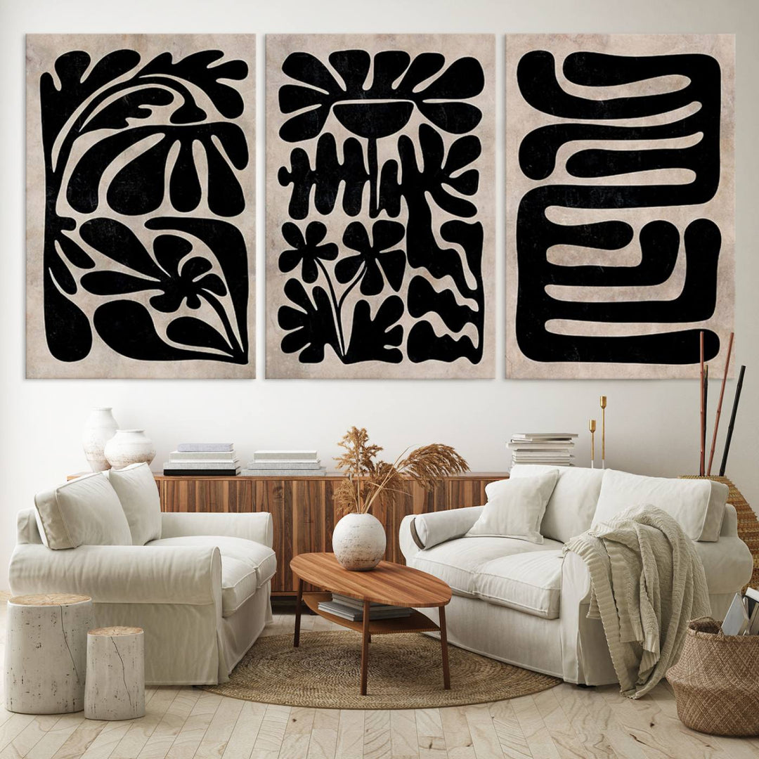 Canvas Print Wall Art Abstract Illustrs Art Boho features bold black patterns on a light background.