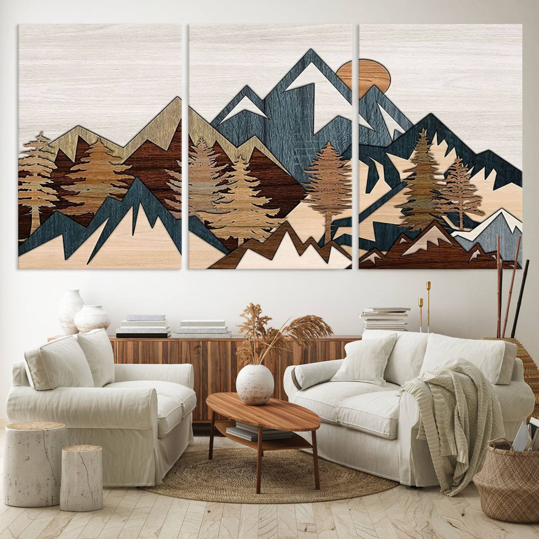 A Woodland Mountain Landscape Triptych serves as the centerpiece of the rustic decor.