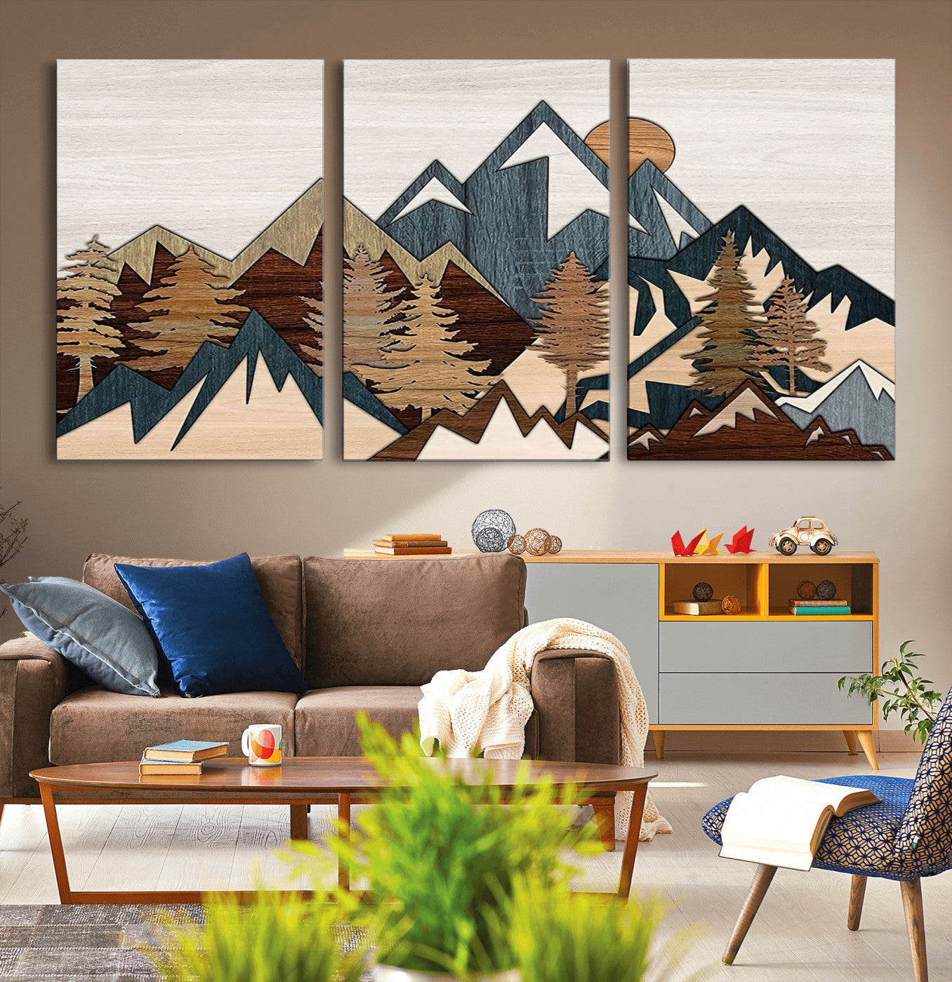 67950-MGV-CV-36X24-Woodland Mountain Landscape Triptych, Giclee Canvas Art for Modern Home, Rustic Wooden Nature Wall