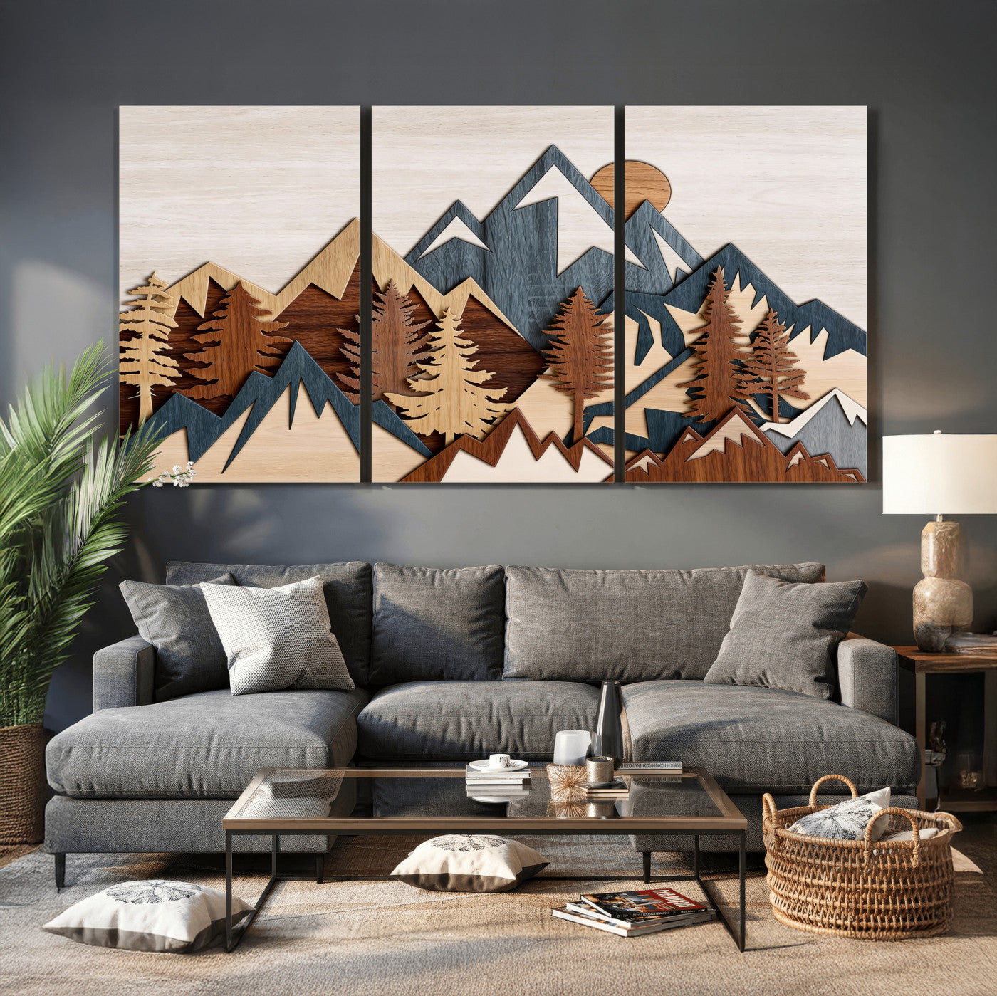 67950-MGV-CV-36X24 - Woodland Mountain Landscape Triptych, Giclee Canvas Art for Modern Home, Rustic Wooden Nature Wall