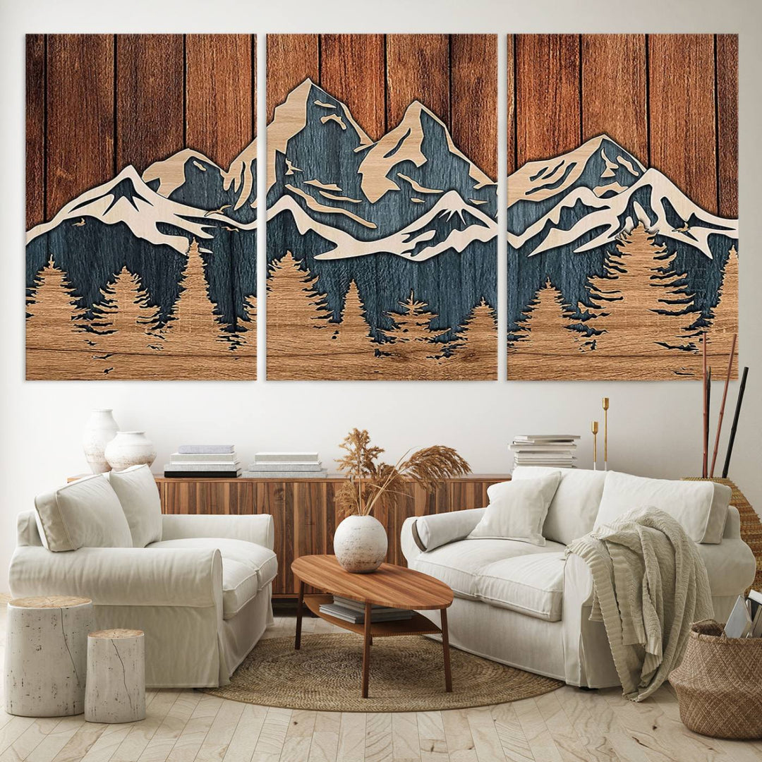 Rustic Wood Style Mountain Wall Art hangs on the wall.