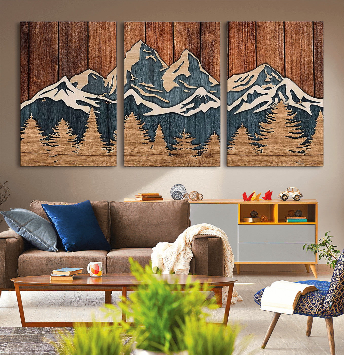 MGV-CV-60X30-3P - Rustic Wood Style Mountain Wall Art, Nature Forest Canvas Print, Wooden Textured Mountain Artwork, Handcrafted Landscape Decor for Farmhouse Decor