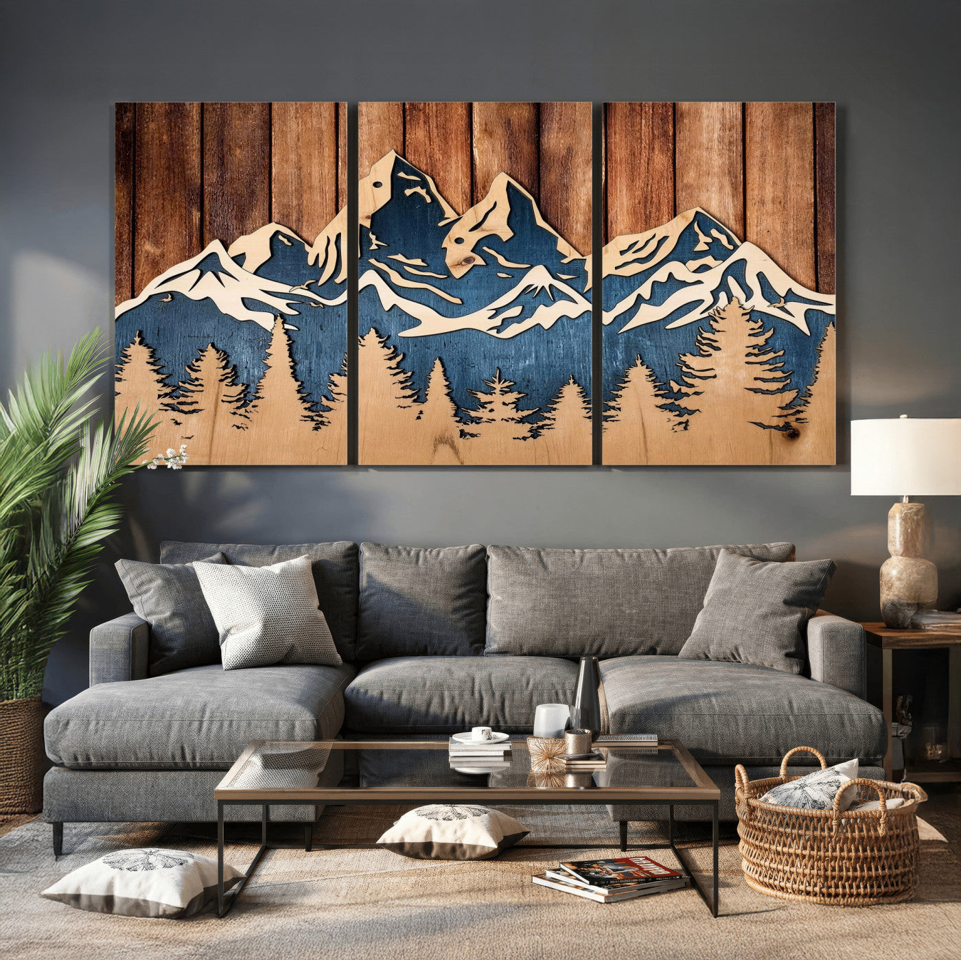 41330-MGV-CV-36X24 - Rustic Wood Style Mountain Wall Art, Nature Forest Canvas Print, Wooden Textured Mountain Artwork Print