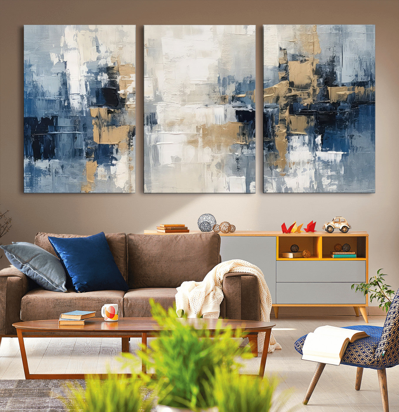 MGV-CV-60X30-3P - Modern Abstract Canvas Wall Art in Blue and Gold Tones | Large Contemporary Art for Living Room, Office, or Bedroom Décor