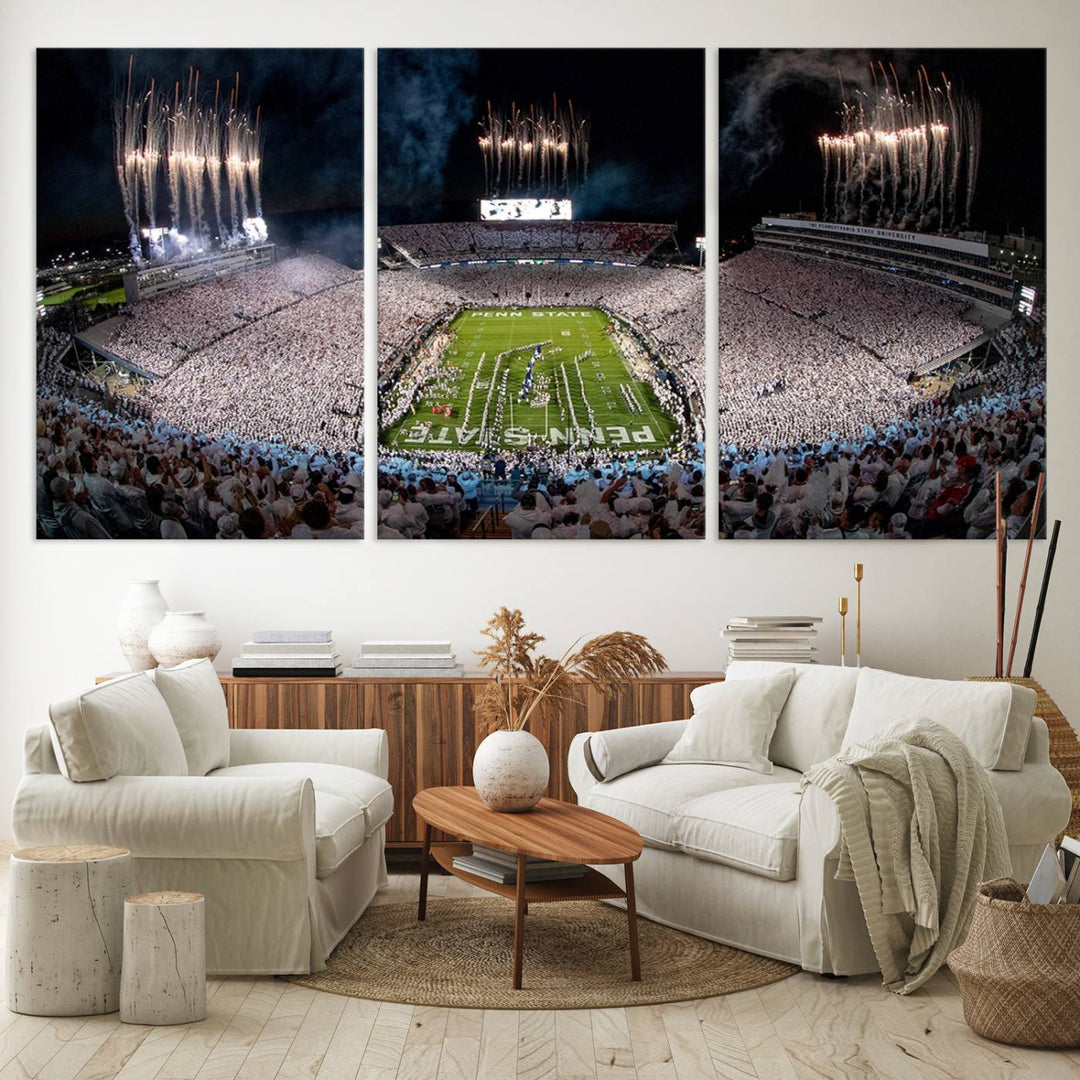 The perfect Penn State Football canvas wall art features a depiction of Beaver Stadium filled with fans in white, with fireworks exploding above.