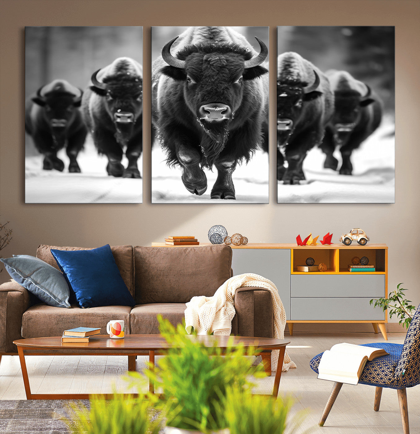 MGV-CV-60X30-3P - American Bison Art | Buffalo Herd Wall Art Canvas Print, BW American Bison Herd Wall Art Canvas