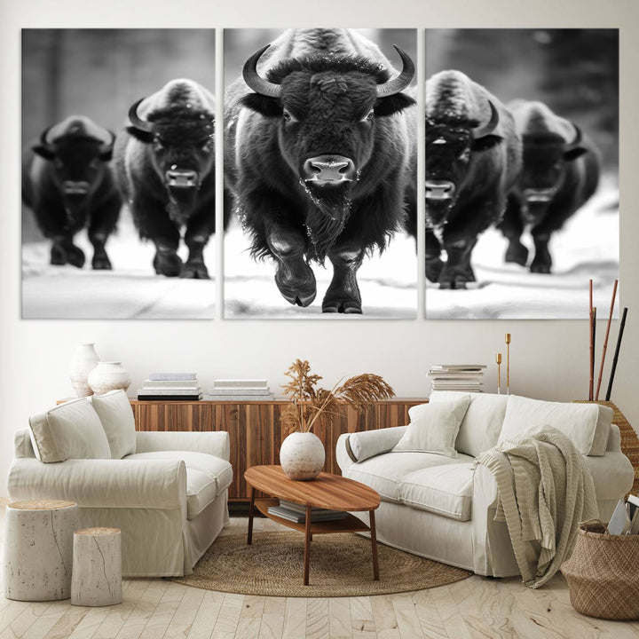 A black and white American Bison herd canvas print adorns the wall.