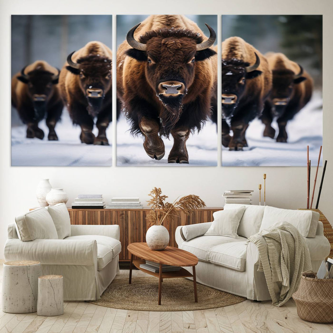 The dining room features an American Bison Herd Canvas Print against the snow.