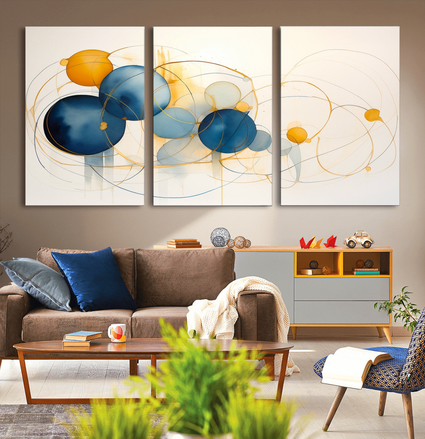 -Geometric Blue Orange Abstract Wall Art Canvas, Geometric Blue Orange Canvas Print
