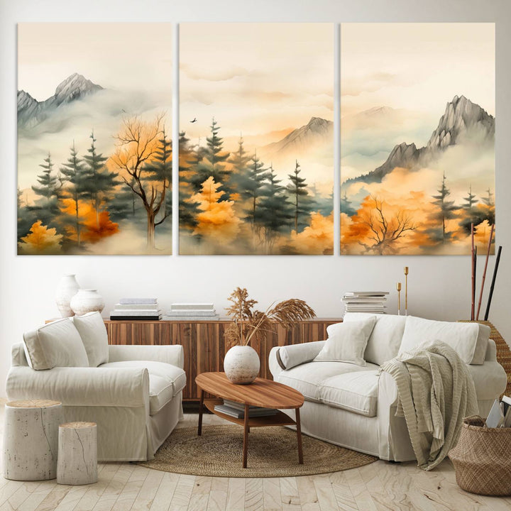 A wall art of Abstract Watercolor Mountains and Trees Autumn on museum-quality canvas.