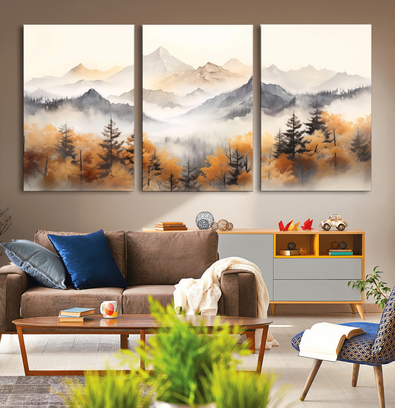 MGV-CV-60X30-3P - Mountain and Forest Landscape Wall Art | Misty Autumn Forest and Mountains Canvas Print for Living Room, Bedroom, Office | Large Wall Art Decor