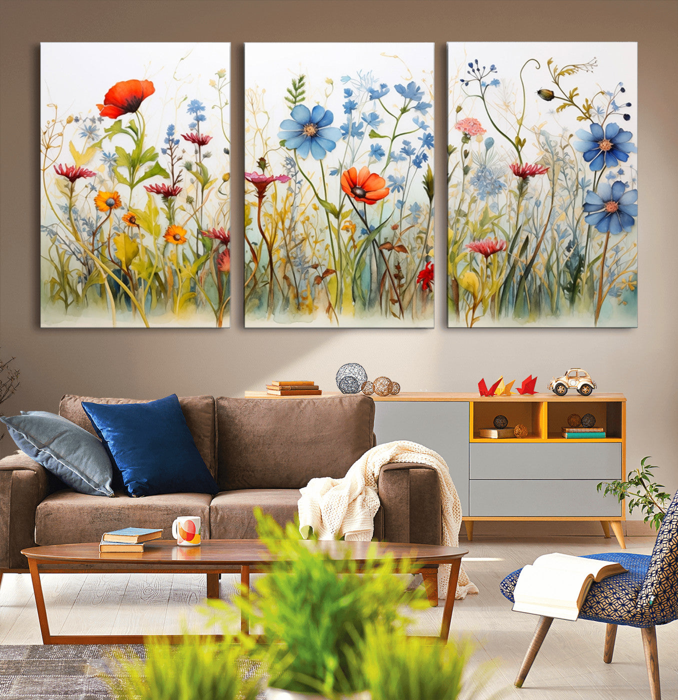 MGV-CV-60X30-3P - Colorful Wildflower Canvas Wall Art - Vibrant Floral Botanical Print, Bright Nature Decor for Living Room, Large 3 Panel Set, Ready to Hang