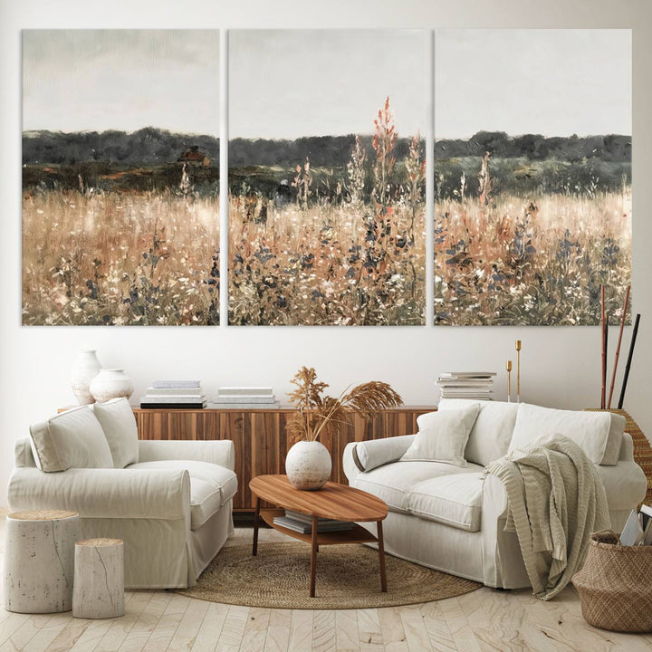 A dining room featuring the Abstract Wildflower Art Field Landscape Oil Painting Print.