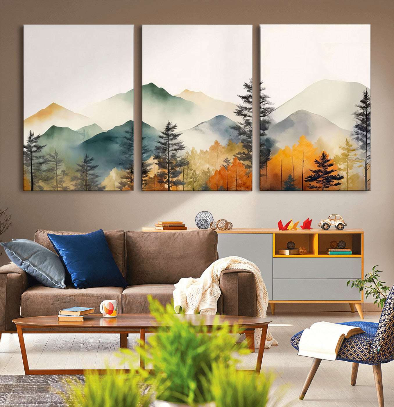 -Abstract Watercolor Mountains and Trees Autumn Wall Art, Mountains and Trees Autumn Wall Art Canvas