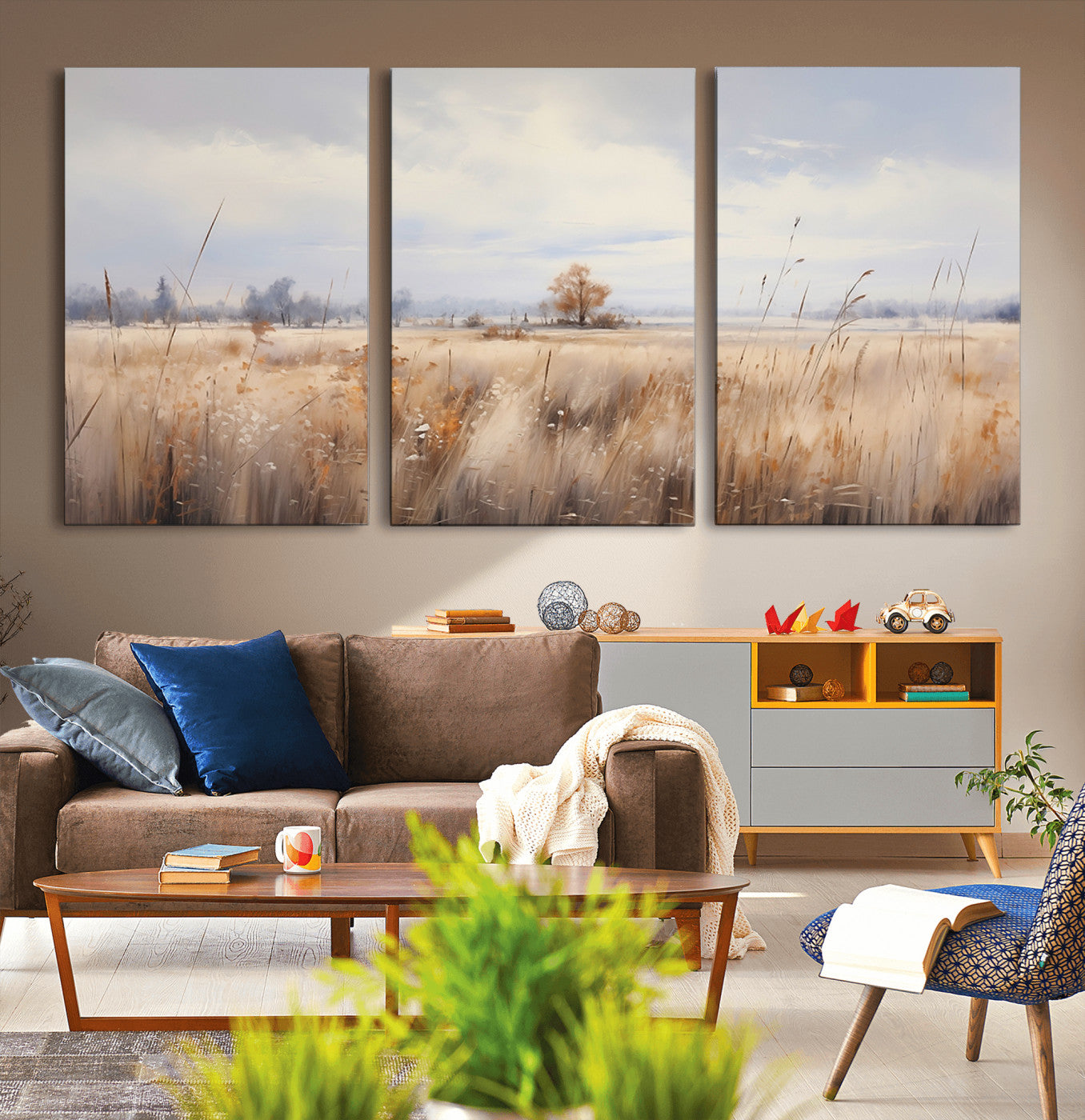 -Golden Fields Wall Art Print Canvas – Serene Landscape of Nature’s Tranquility in Minimalist for