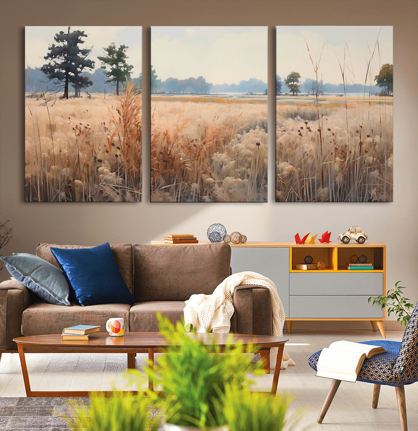 98822-MGV-CV-36X24-Golden Fields Canvas Wall Art Print – Serene Landscape of Nature’s Tranquility in Minimalist Modern