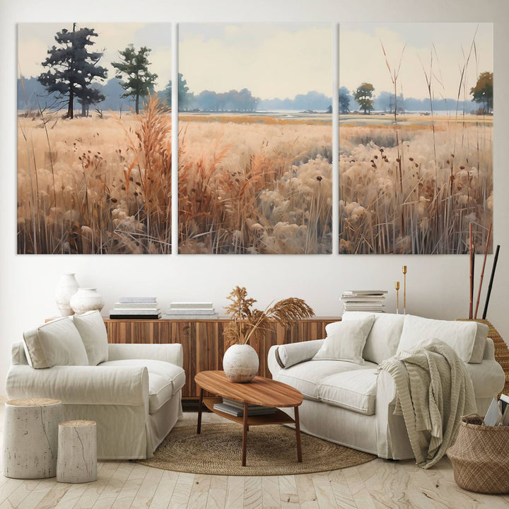 The Golden Fields Canvas Art Print, depicting a serene landscape, adds tranquility with its presence.