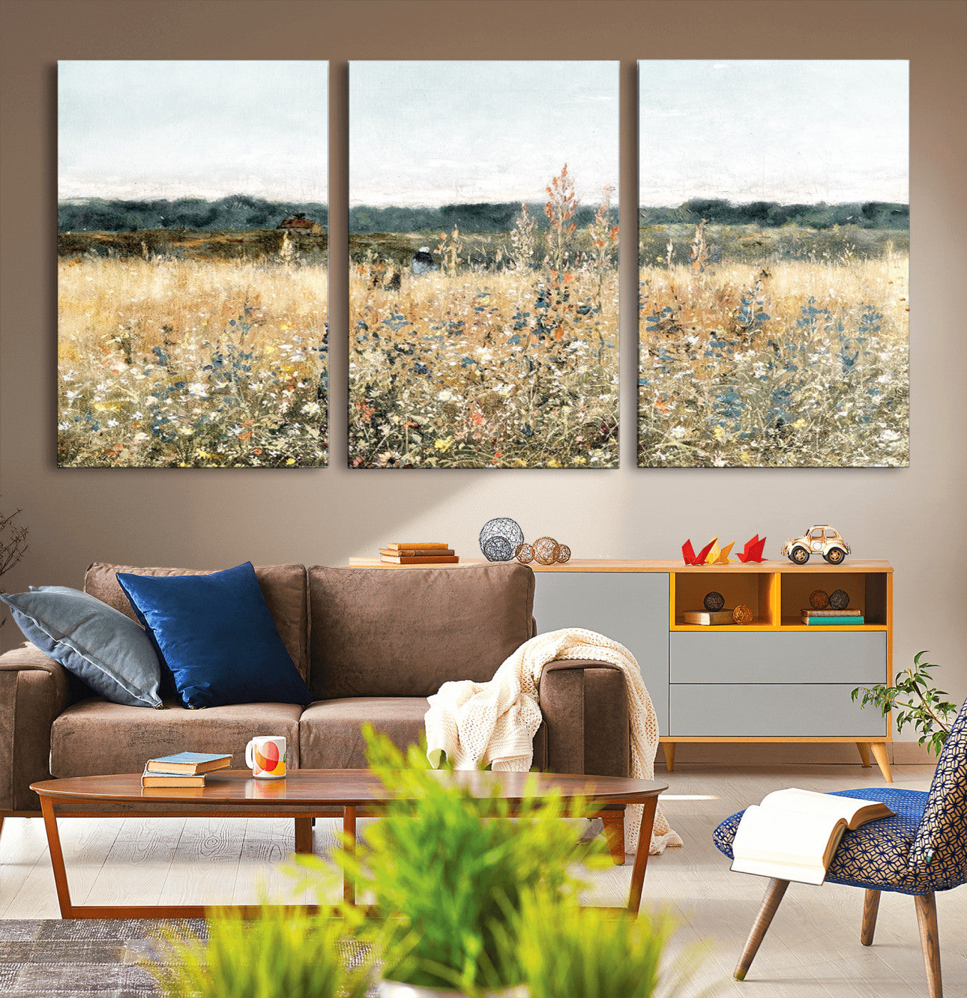 MGV-CV-60X30-3P - Wildflower Field Wall Art Canvas | Nature-Inspired Landscape Canvas Print for Living Room or Office | Rustic Floral Decor