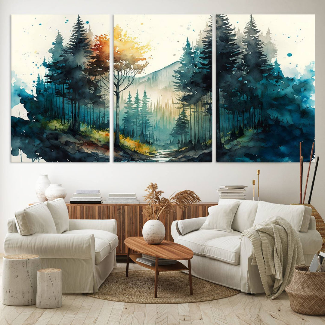 The Watercolor Trees Forest Abstract canvas print is displayed prominently.