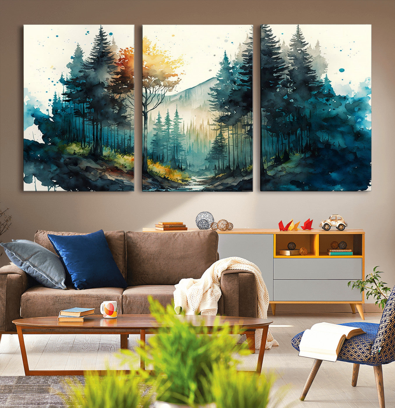 MGV-CV-60X30-3P - Watercolor Trees Forest Abstract Wall Art Canvas Print
