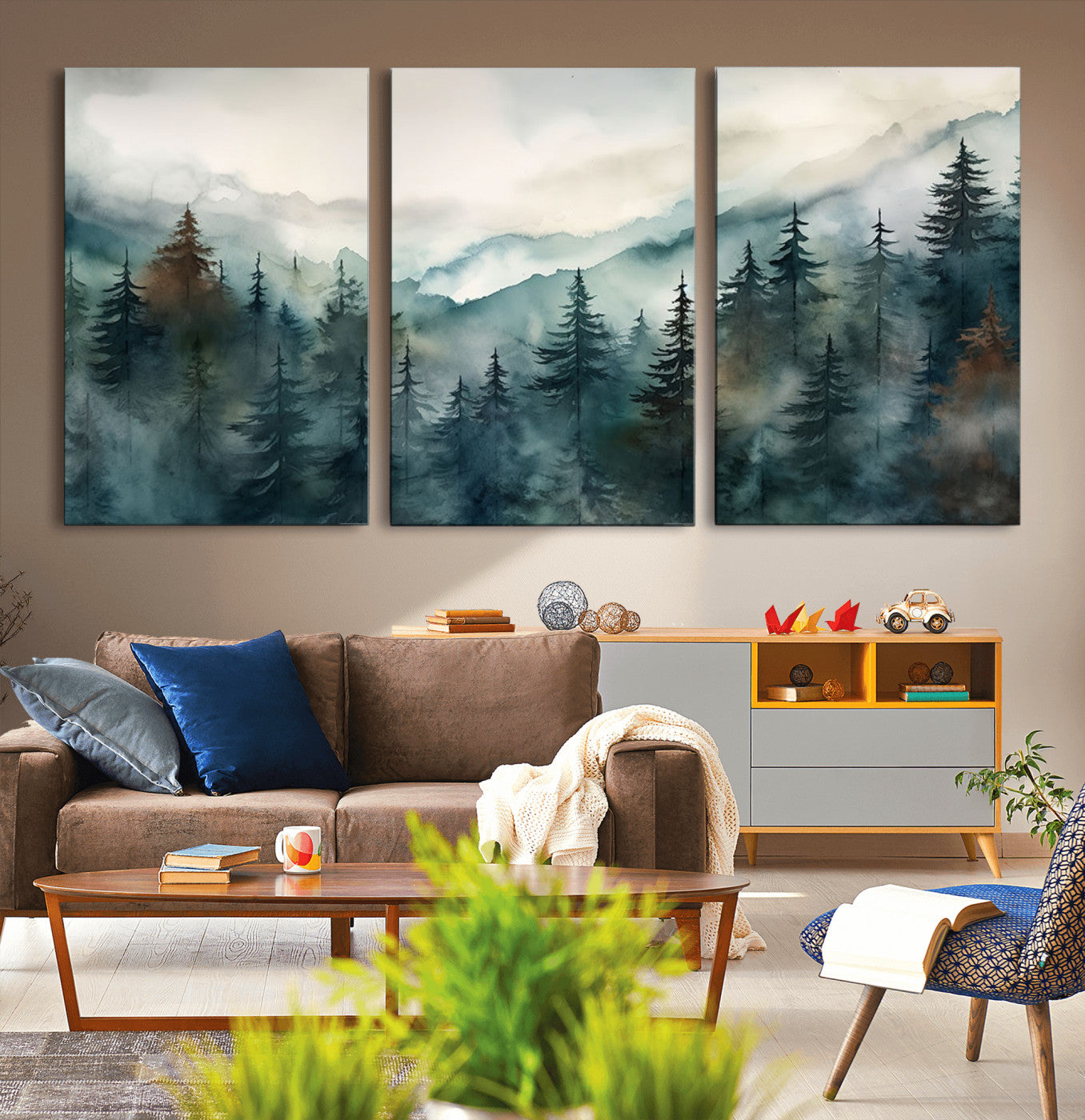 MGV-CV-60X30-3P - Serenity Forest Wall Art Canvas | Foggy Mountain Landscape Canvas Print for Living Room or Office | Nature-Inspired Woodland Decor
