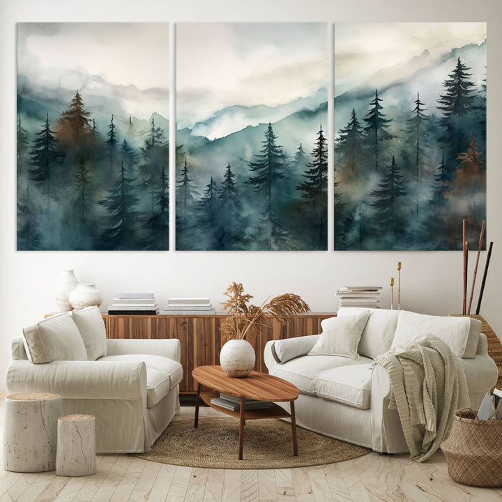 Serenity Forest Wall Art Canvas above the table adds a nature-inspired vibe to the space.