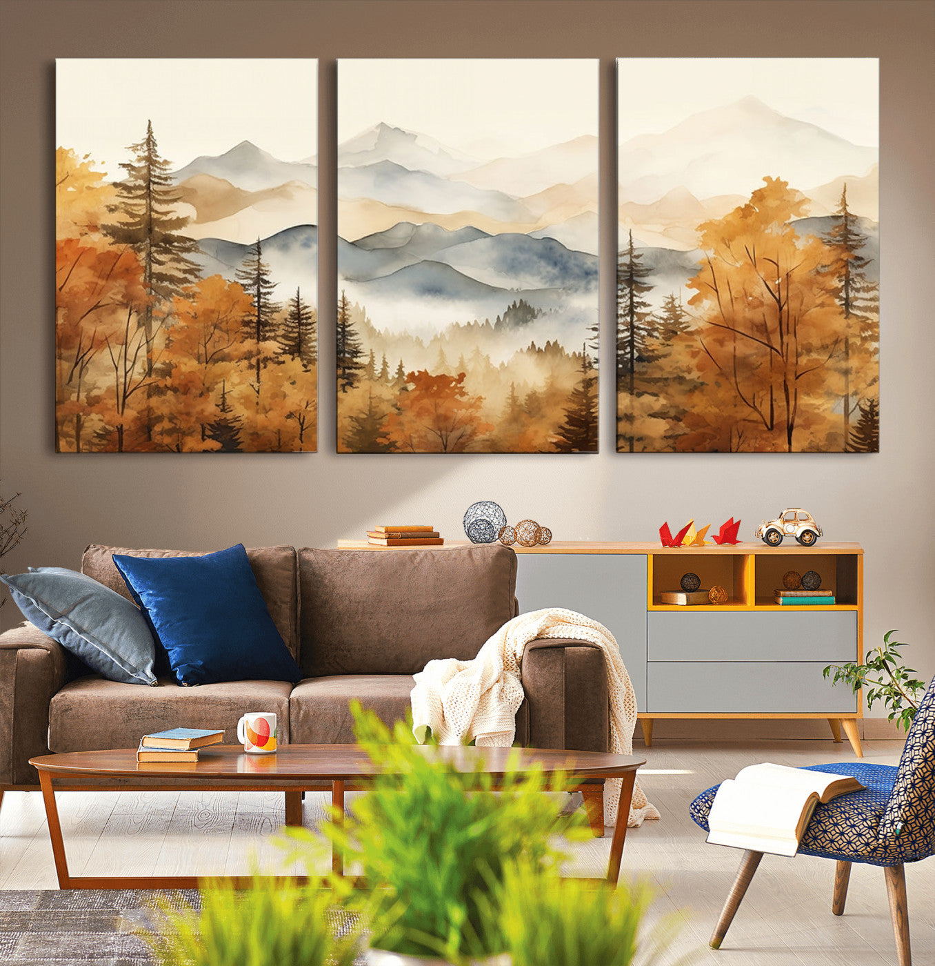MGV-CV-60X30-3P - Golden Autumn Forest Wall Art | Mountain Landscape Canvas Print for Living Room or Bedroom | Large Wall Decor with Nature-Inspired Design