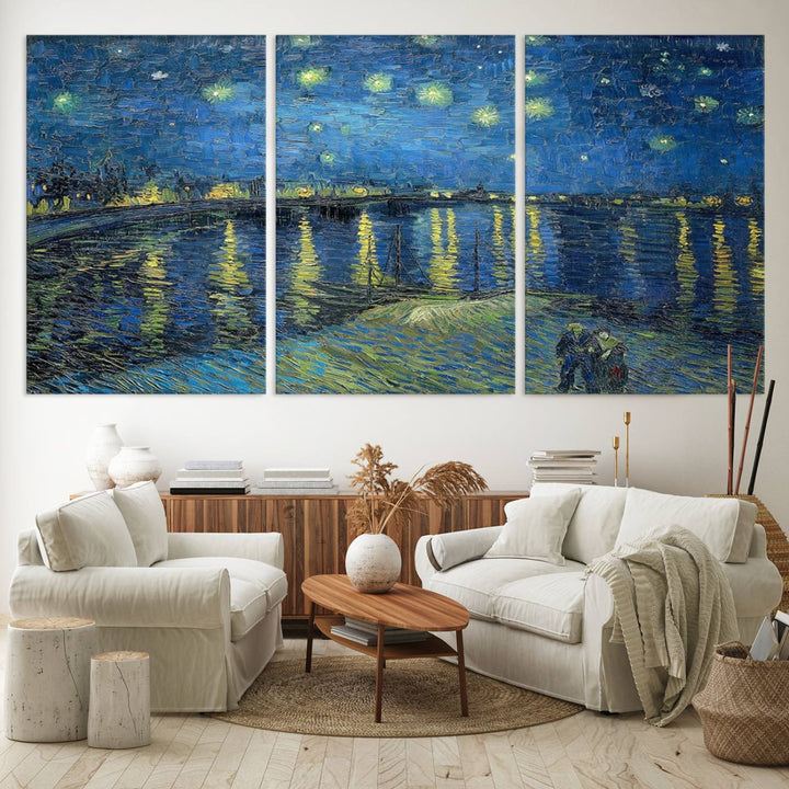 A Vincent van Gogh Starry Night over the Rhone canvas print is displayed on a porch.