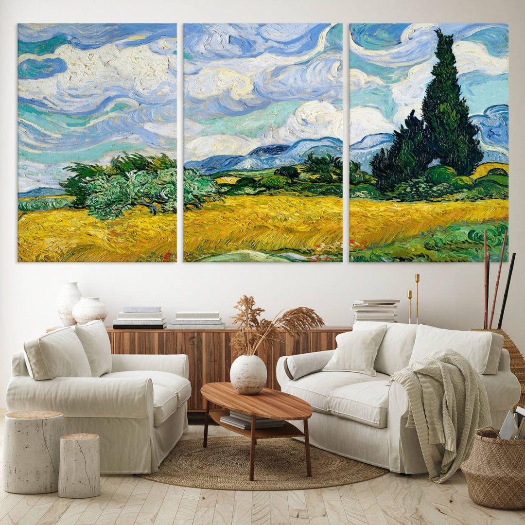 A kitchen featuring Wheatfield With Cypresses Van Gogh canvas wall art.