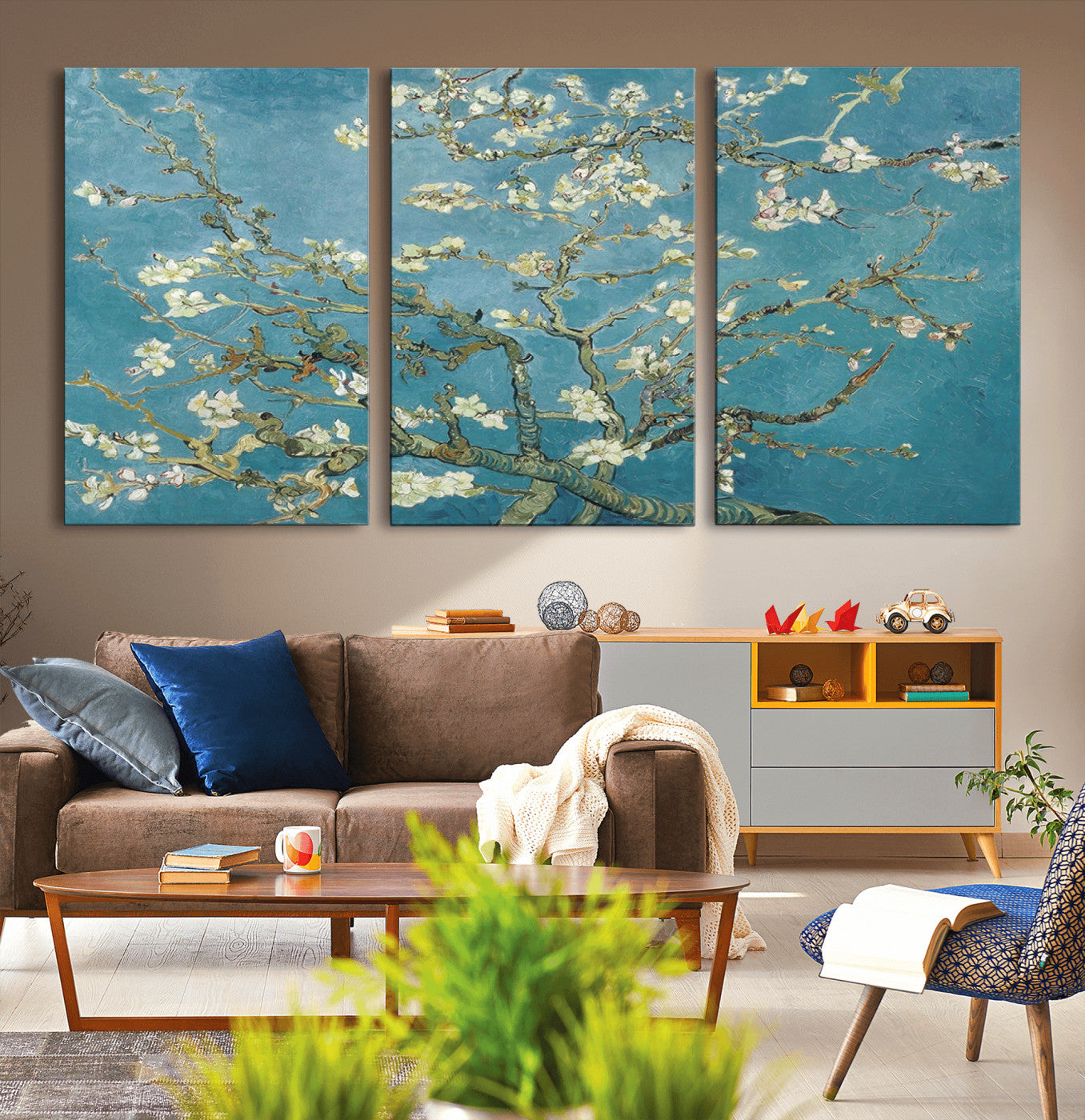 65607-MGV-CV-60X30-3P-Vincent Van Gogh's Almond Blossom Abstract Wall Art Canvas, Van Gogh Almond Blossom Canvas Print
