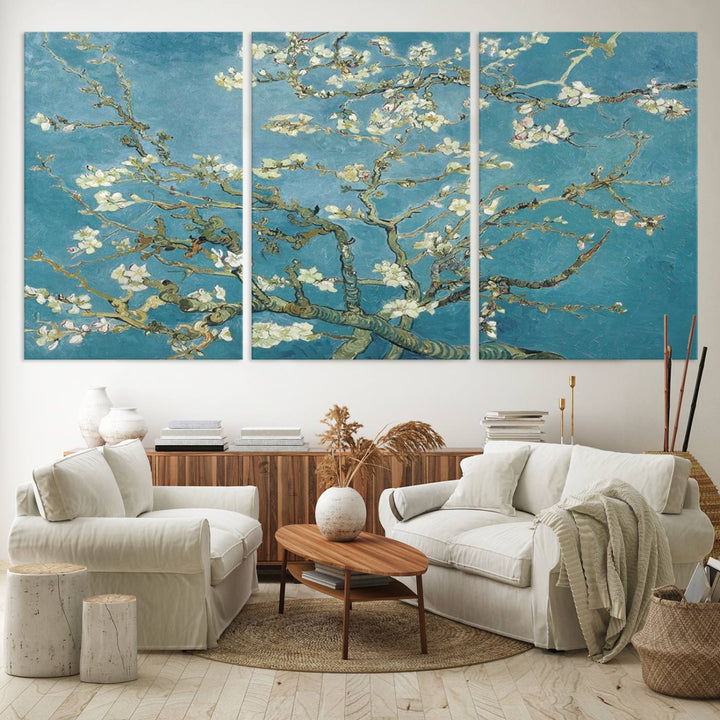 The wall art, Vincent Van Goghs Almond Blossom, stands out with its vibrant depiction against a serene blue background.