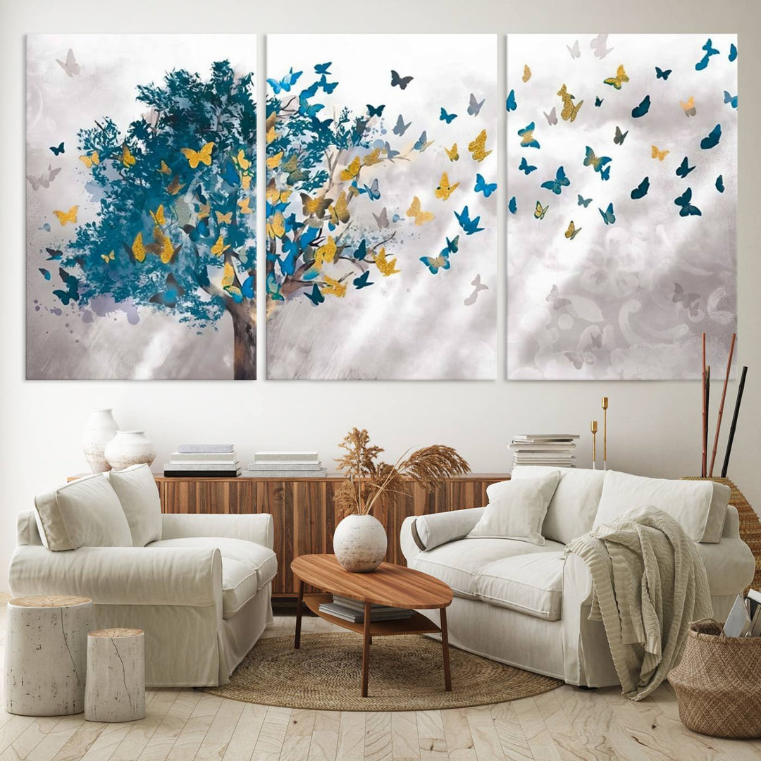 The modern dining room features Tree Butterfly Abstract Wall Art, adding a touch of nature-inspired decor.