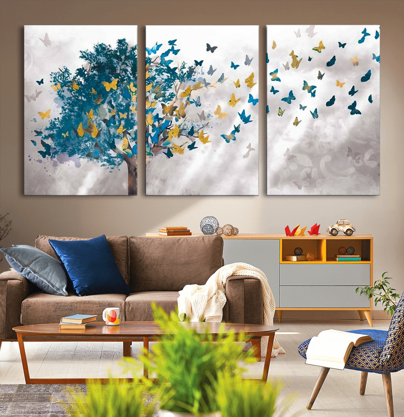 MGV-CV-60X30-3P - Tree Butterfly Abstract Tree and Butterfly Wall Art Canvas Print