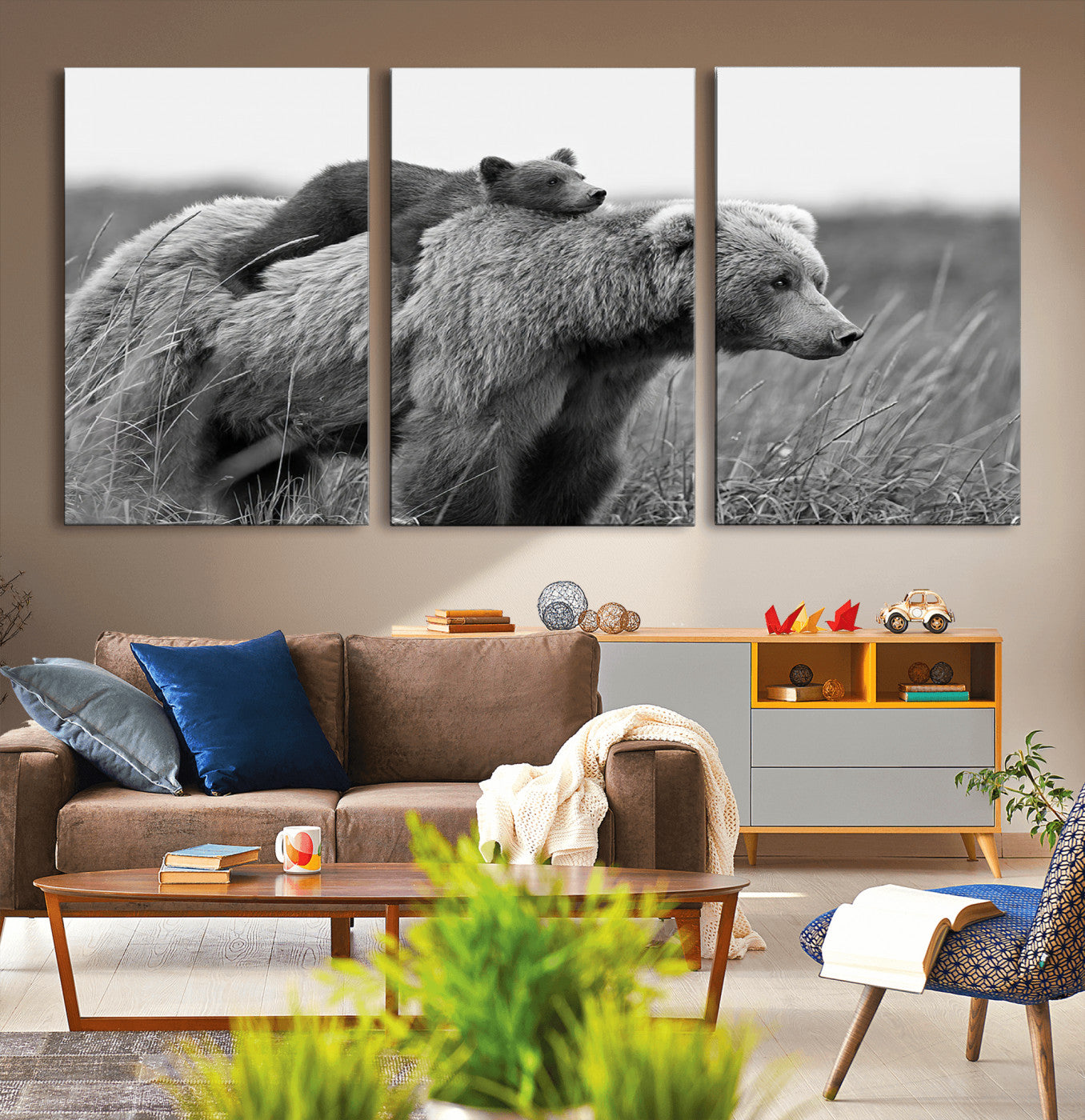 MGV-CV-60X30-3P - Bear and Cub Wall Art Canvas | 399 Bear Cub Wildlife-Inspired Animal Art for Living Room or Office | Grizzly Bear Print of Photography