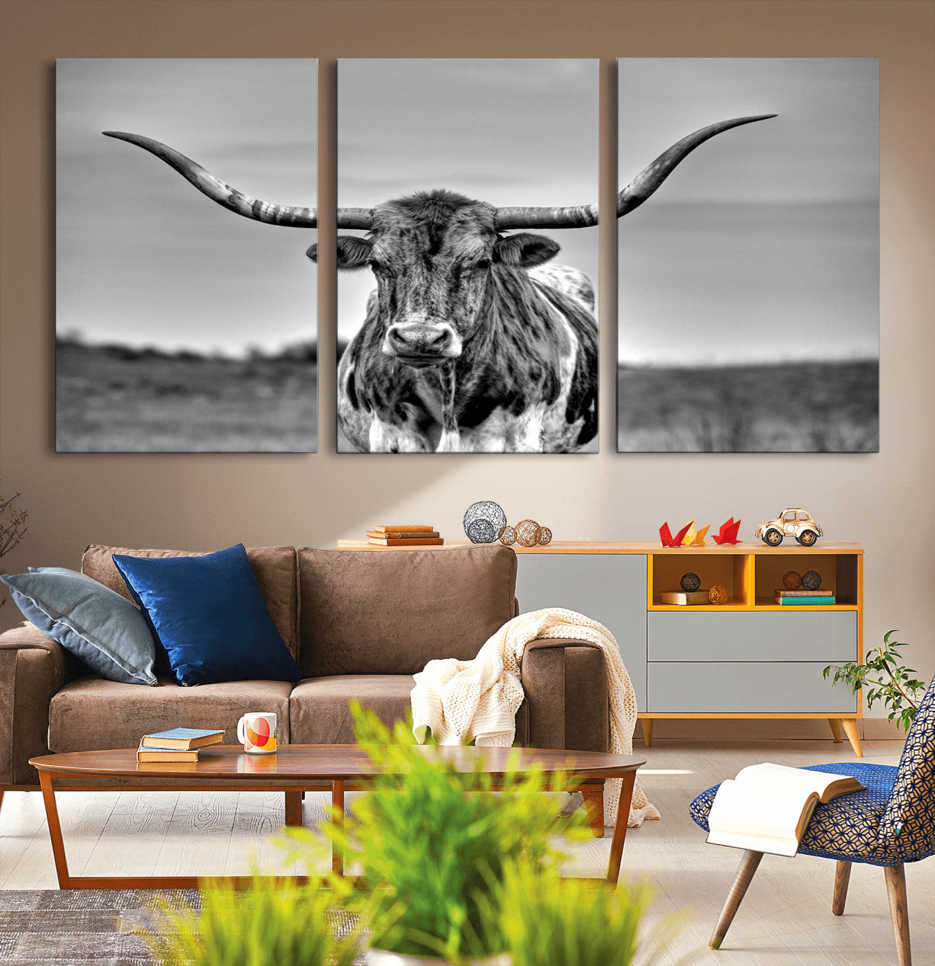 MGV-CV-60X30-3P - Texas Longhorn Cpw Wall Art, Texas Longhorn Canvas, Cattle Canvas Print
