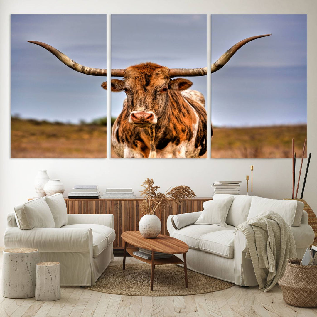 The Texas Longhorn Wall Art Print is displayed in a stylish living room.