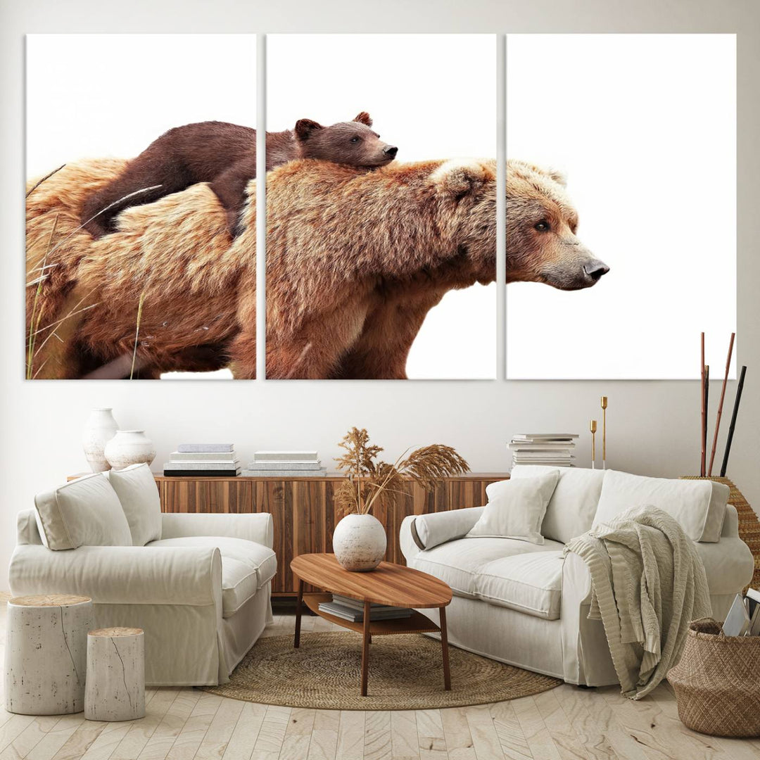 Mother and Baby Bear canvas: an adorable wildlife print displayed on a dark green wall.