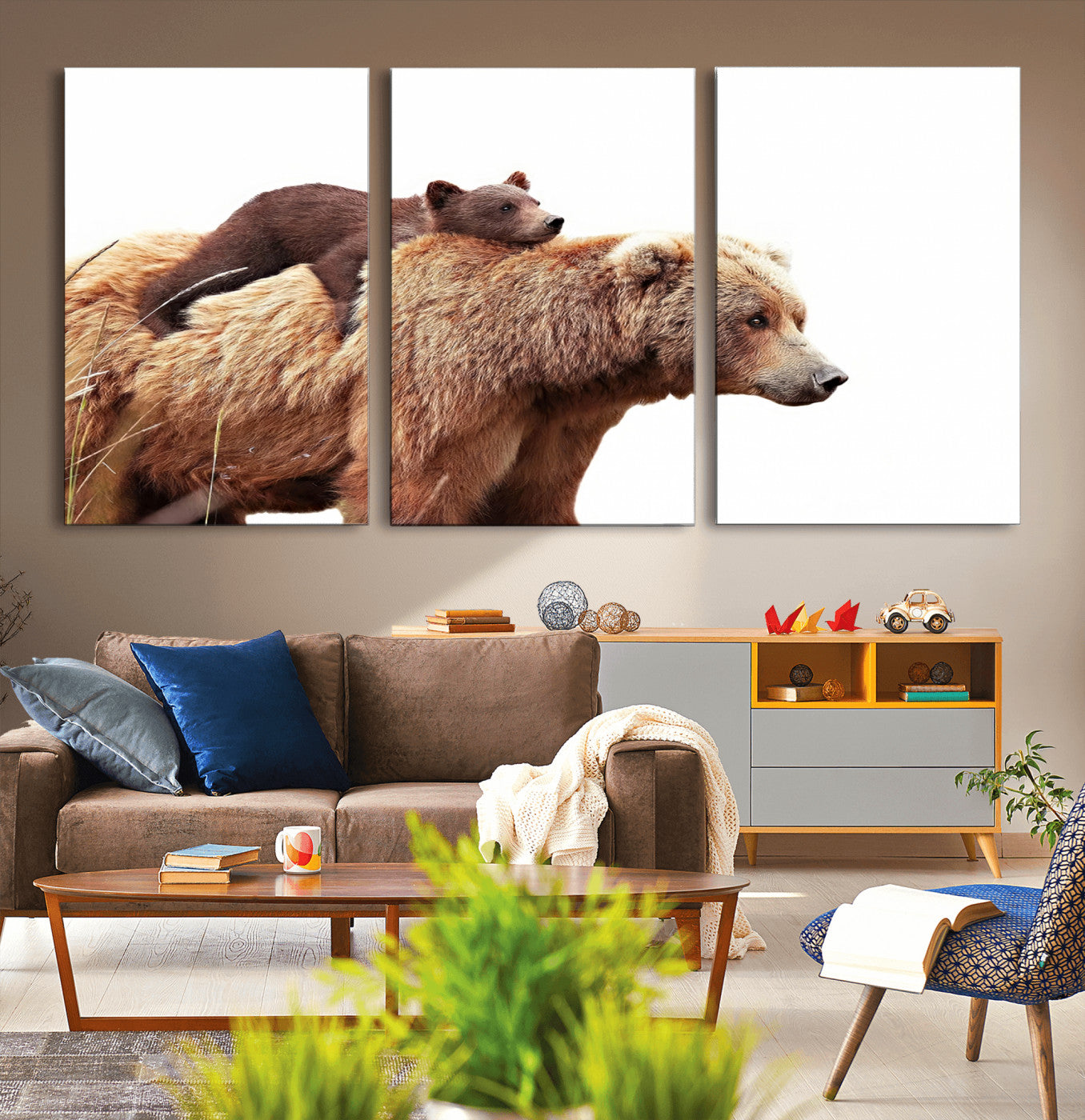MGV-CV-60X30-3P - Mother and Baby Bear Canvas Wall Art - Adorable Wildlife Animal Print, Cozy Rustic Decor for Living Room,