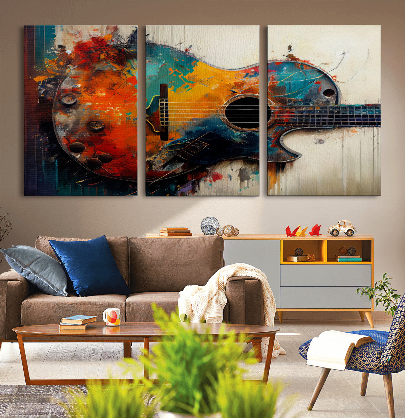 MGV-CV-60X30-3P - Abstract Guitar Wall Art Canvas | Vibrant Music-Inspired Art for Living Room or Studio | Colorful Music Decor Canvas Print