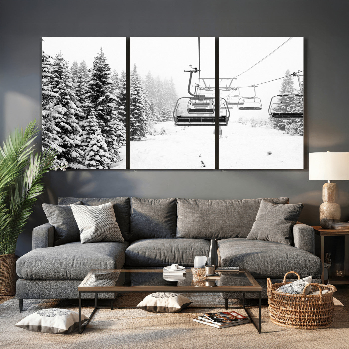 70609-MGV-CV-36X24 - Winter Forest Wall Art Canvas Print, Framed Snowy Forest Art Picture Print, Winter Ski Lift Perfect