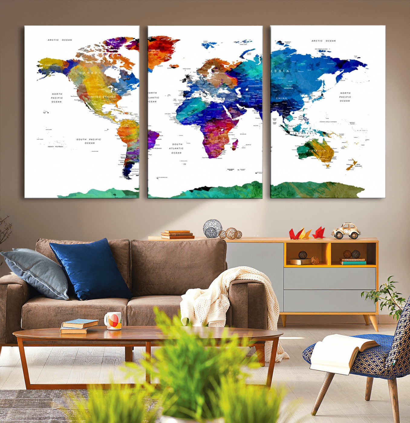 48979-MGV-CV-36X24-Colorful Watercolor World Map Canvas Print – Vibrant Framed Travel Map Wall Art, Modern Decor for Living Room or Office