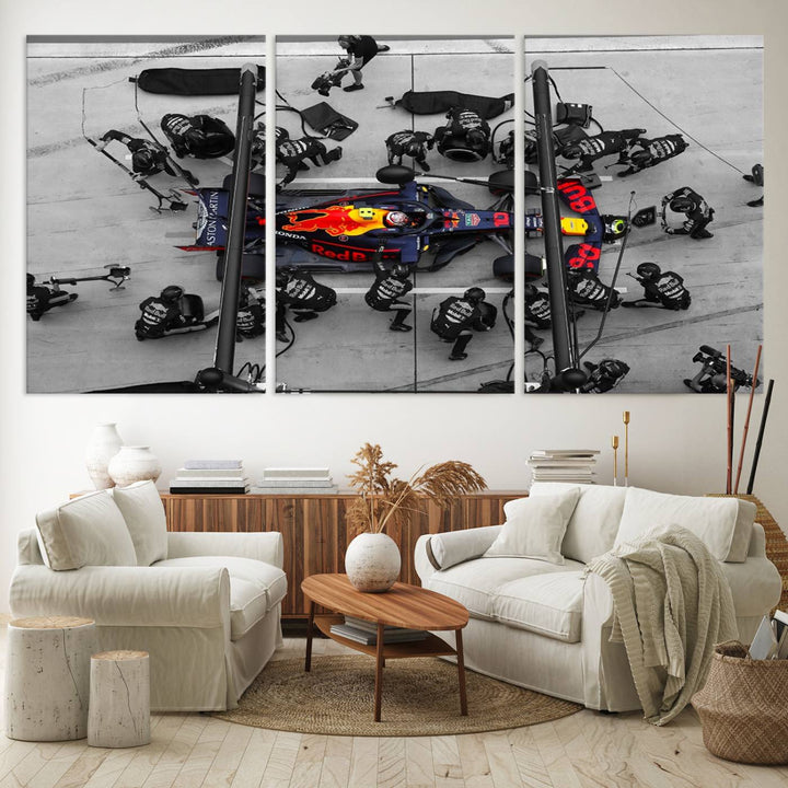 Red Bull Formula 1 Canvas Wall Art Print: An aerial view of a Formula 1 pit stop featuring a Red Bull car on premium canvas.