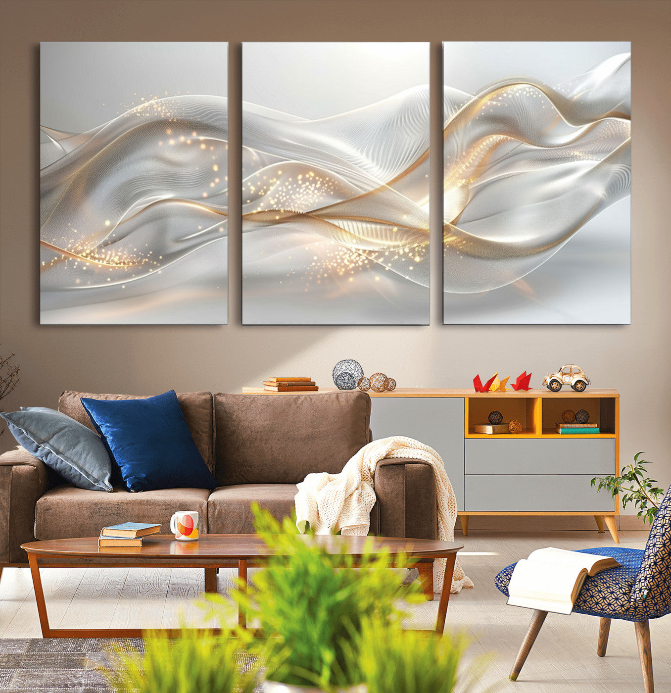 -Abstract art Grey and Gold Lines Wall Art