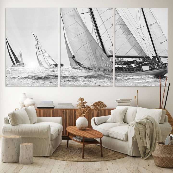 Yacht Sailboat Regatta canvas print on a textured wooden wall.