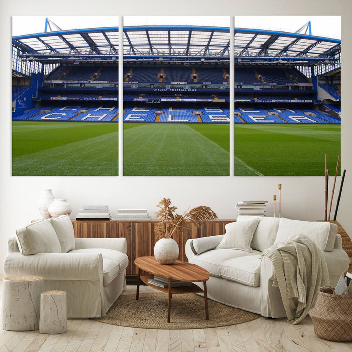 The wall art features a Chelsea FC Stamford Bridge Stadium canvas print.