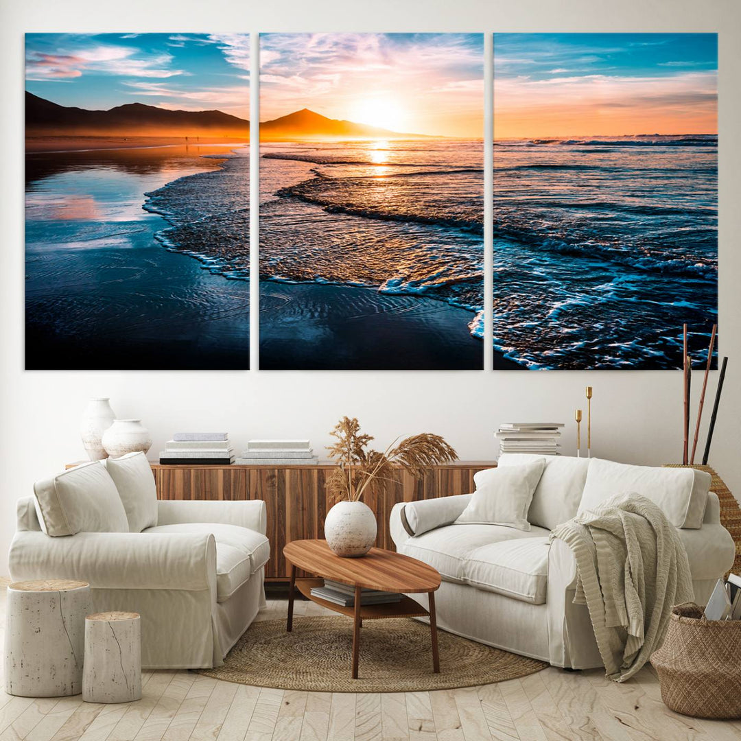 The Sunset Beach Ocean Canvas Wall Art – Tranquil Reflections at Dusk enhances the ambiance with its captivating depiction of serene ocean views at dusk.