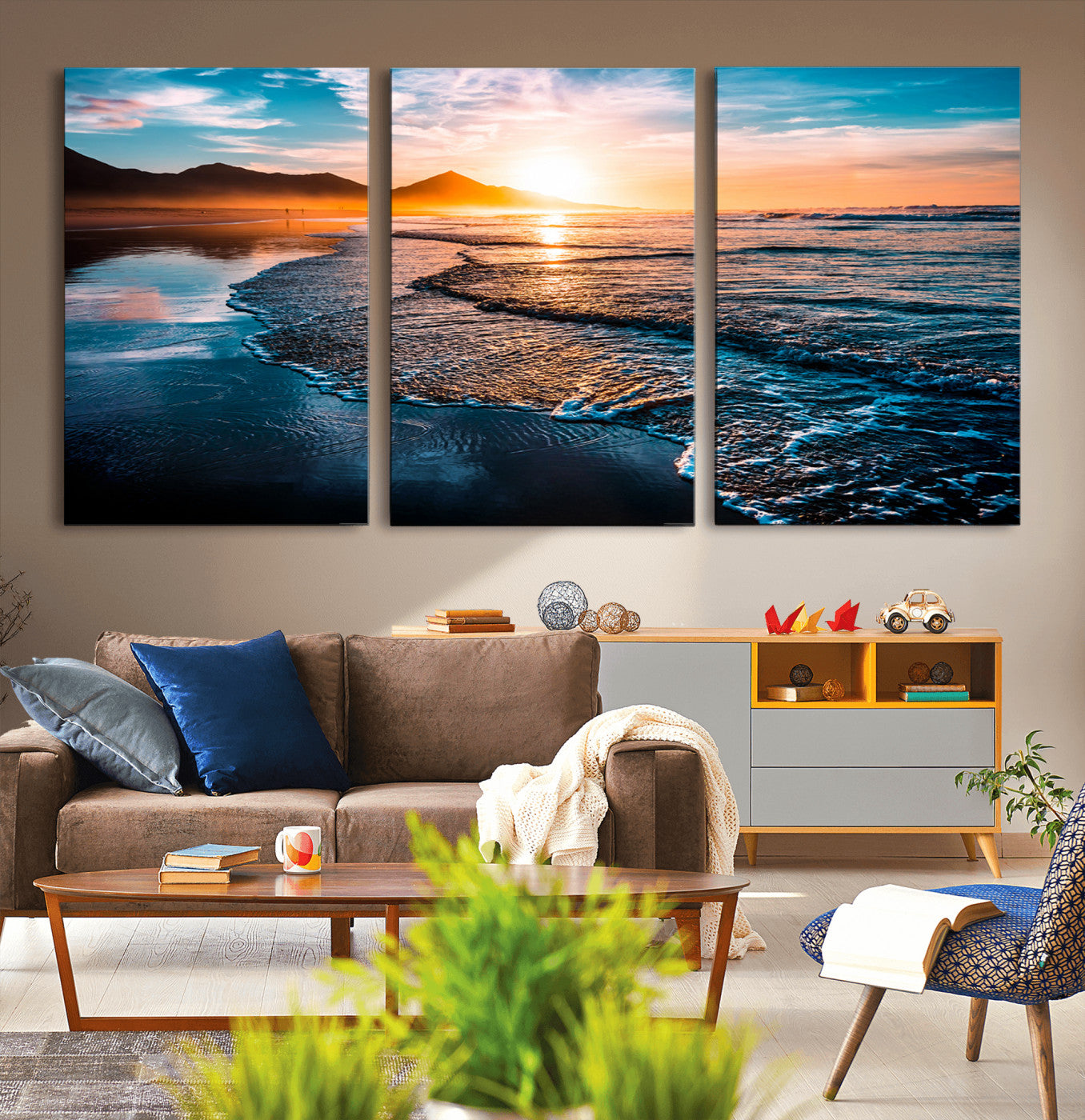 MGV-CV-60X30-3P - Beach Ocean Sunset on the Sea Wall Art Canvas, Beach Ocean Sunset Canvas Print