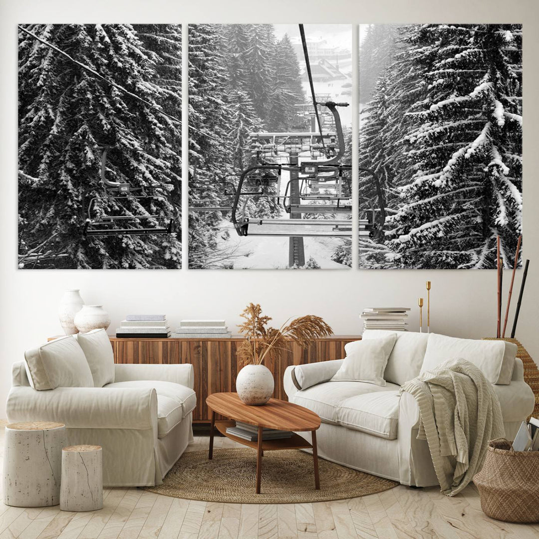 The Winter Ski Lift Canvas in minimalist style adds a unique touch to the dining room.