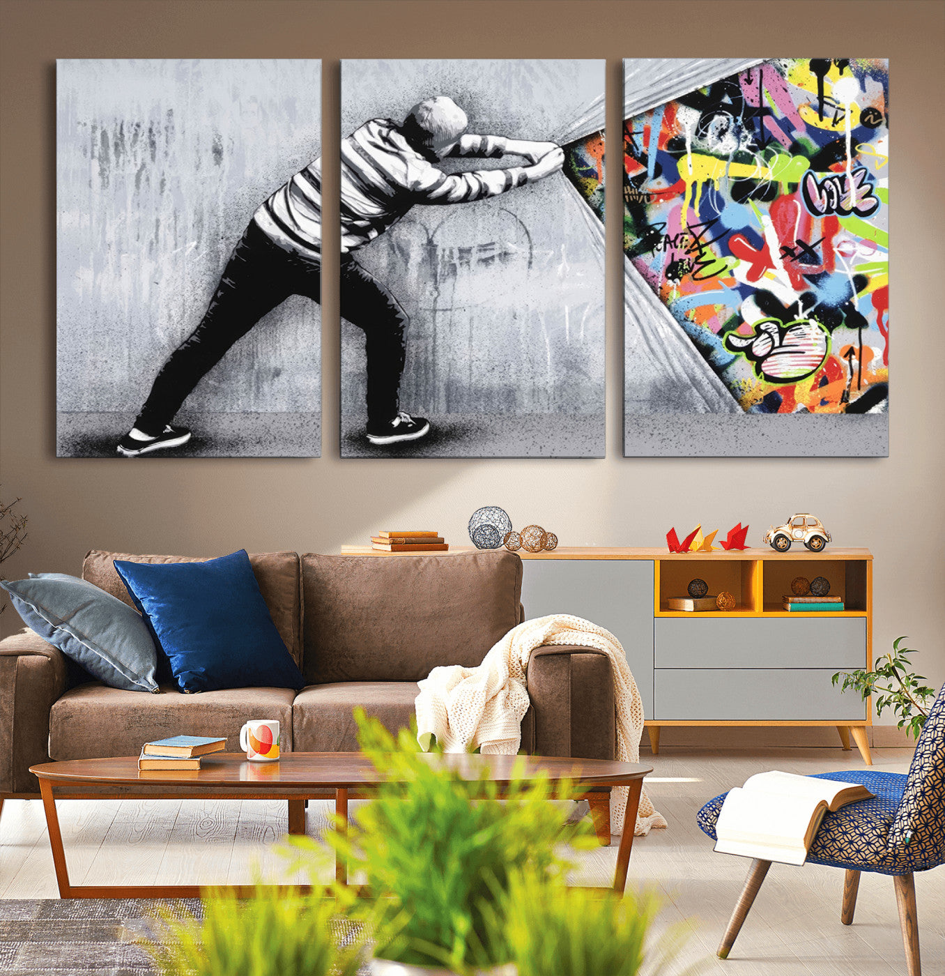 MGV-CV-60X30-3P - Banksy Art Behind the Curtain Street Wall Art Canvas Print | 3-Panel Urban Graffiti-Inspired Wall Art for Living Room or Office